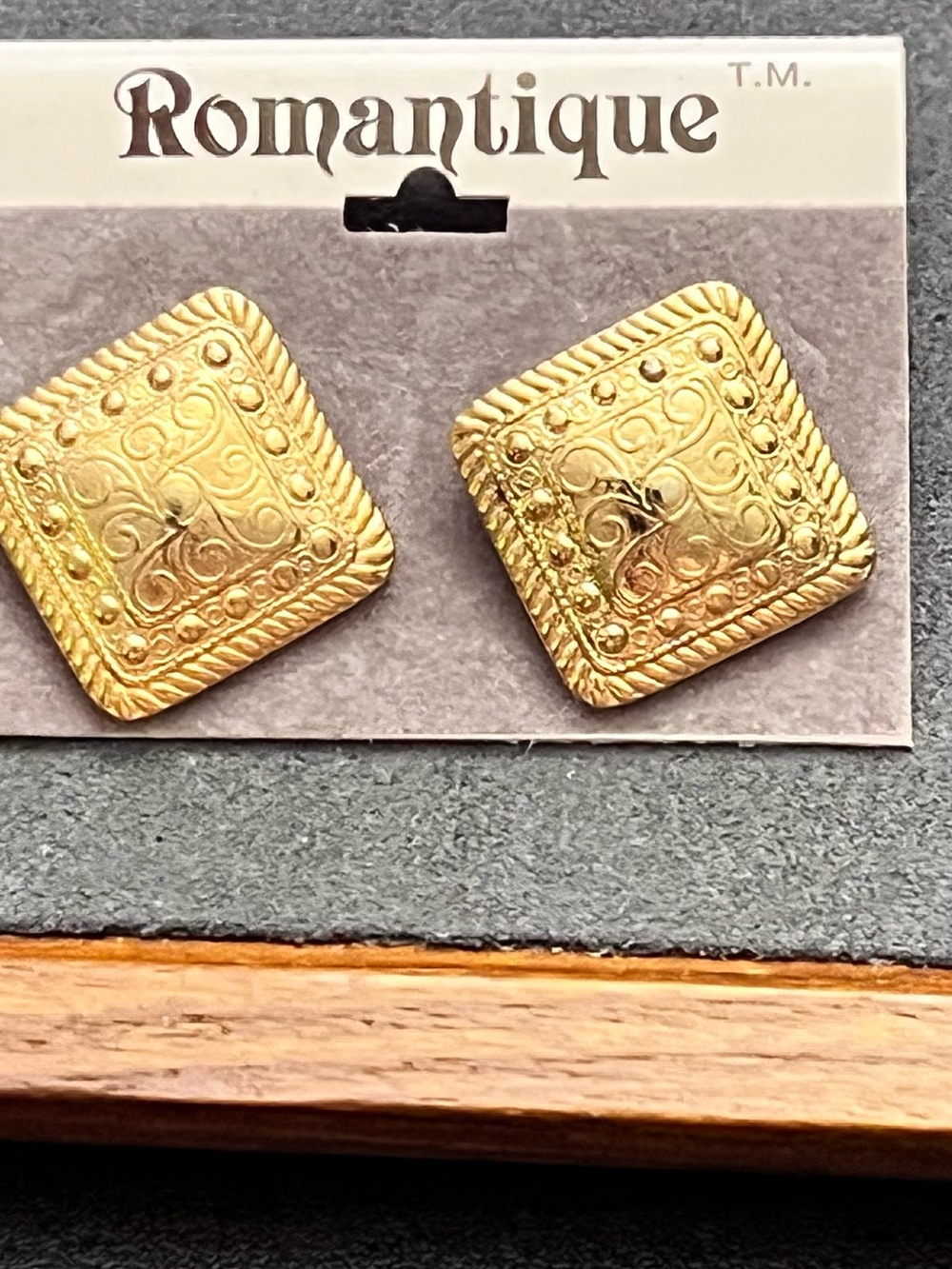 Antique Gold-Tone Decorative Square Earrings